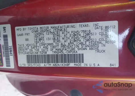 2012 Toyota Tacoma from USA, damaged, VIN 5TFUX4EN2CX015250